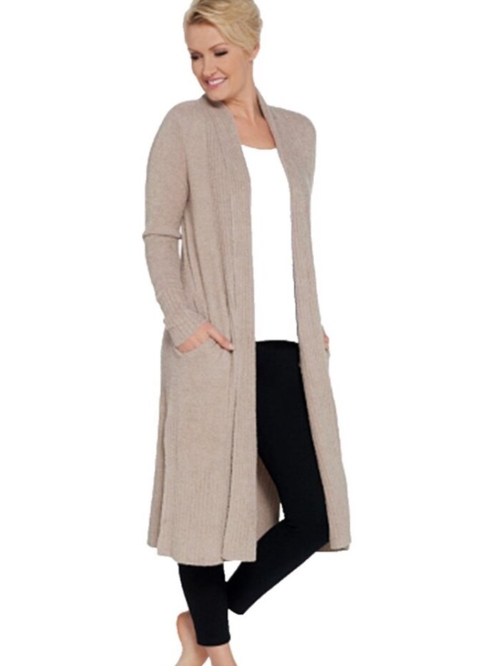 Barefoot Dreams CozyChic Lite Catalina Long Cardigan in Beige Sand Size L